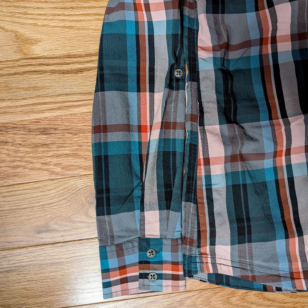 Prana Plaid Hooded Blouse - Teal, Orange, Gray - Picture 4 of 6